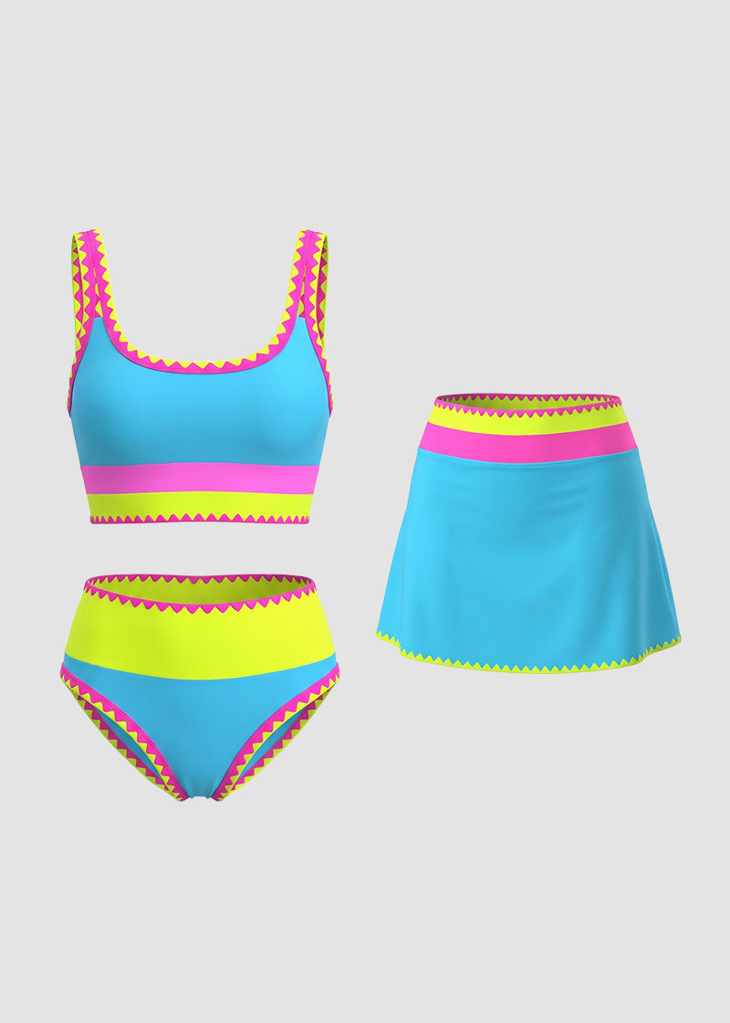 Sara - Set bikini sportivi a 3 pezzi a colori contrastanti