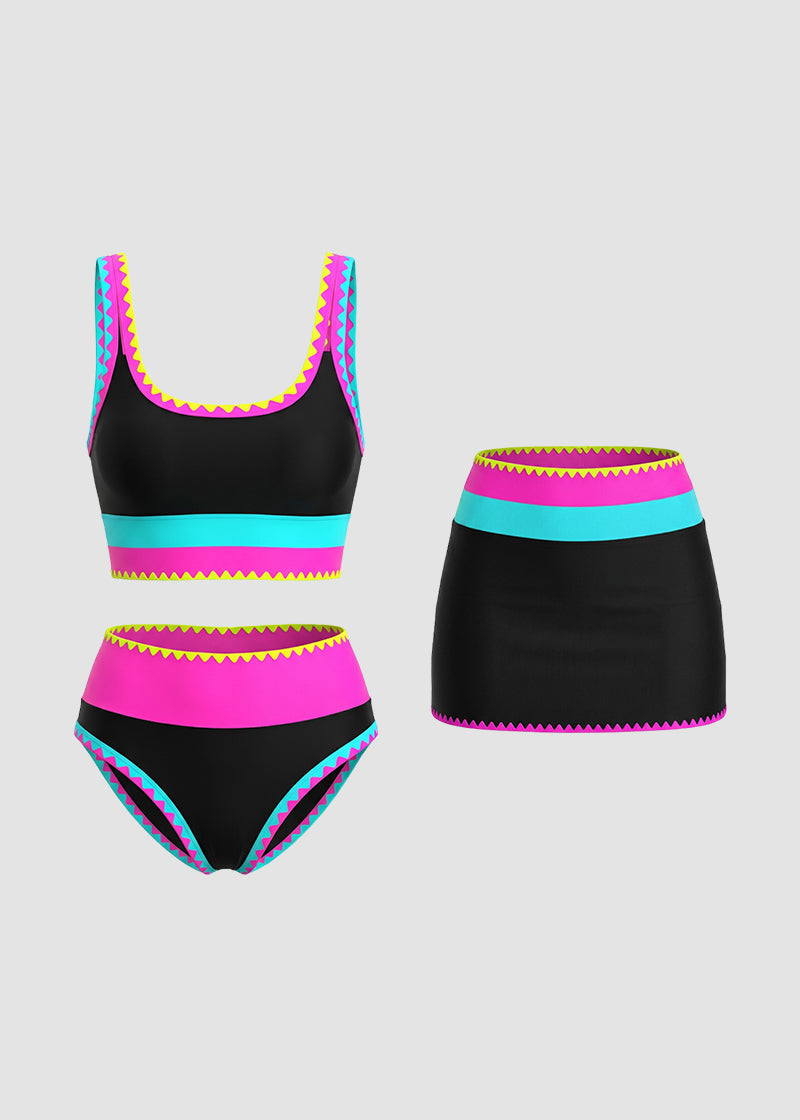 Sara - Set bikini sportivi a 3 pezzi a colori contrastanti