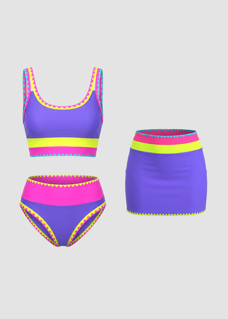 Sara - Set bikini sportivi a 3 pezzi a colori contrastanti