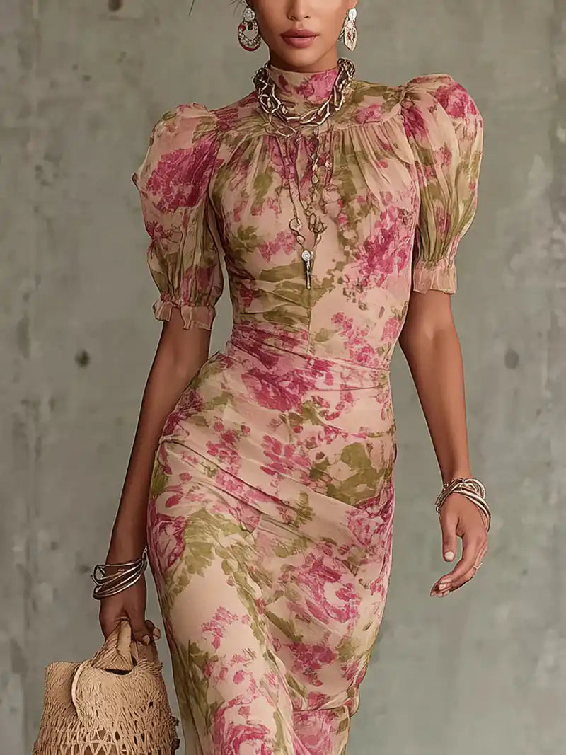 Fiora - Abito lungo con stampa vintage a rose e maniche a sbuffo