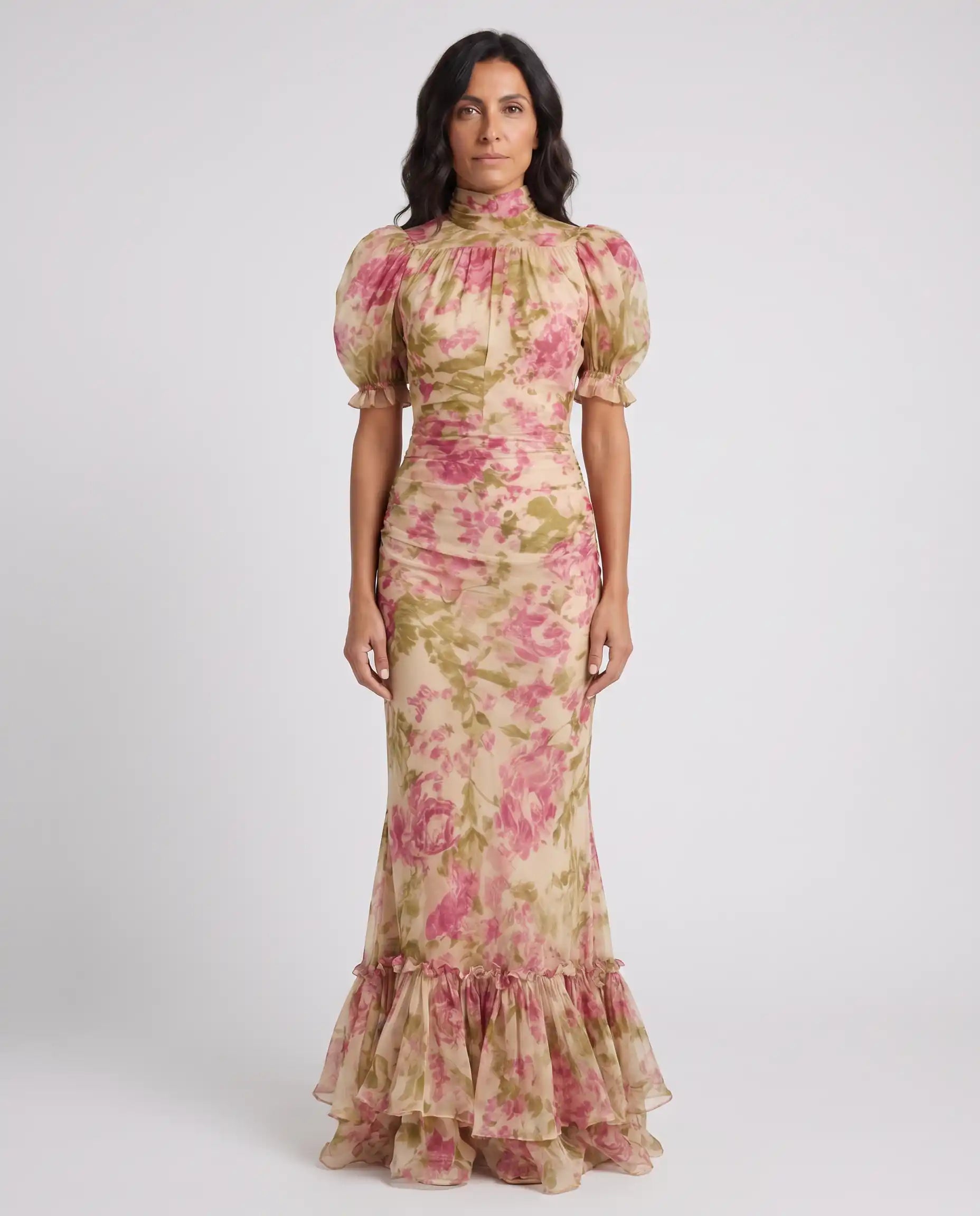 Fiora - Abito lungo con stampa vintage a rose e maniche a sbuffo