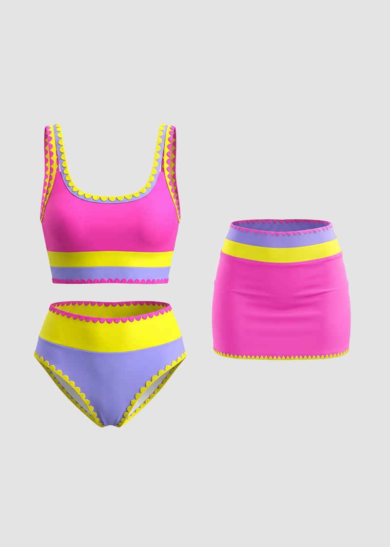 Sara - Set bikini sportivi a 3 pezzi a colori contrastanti