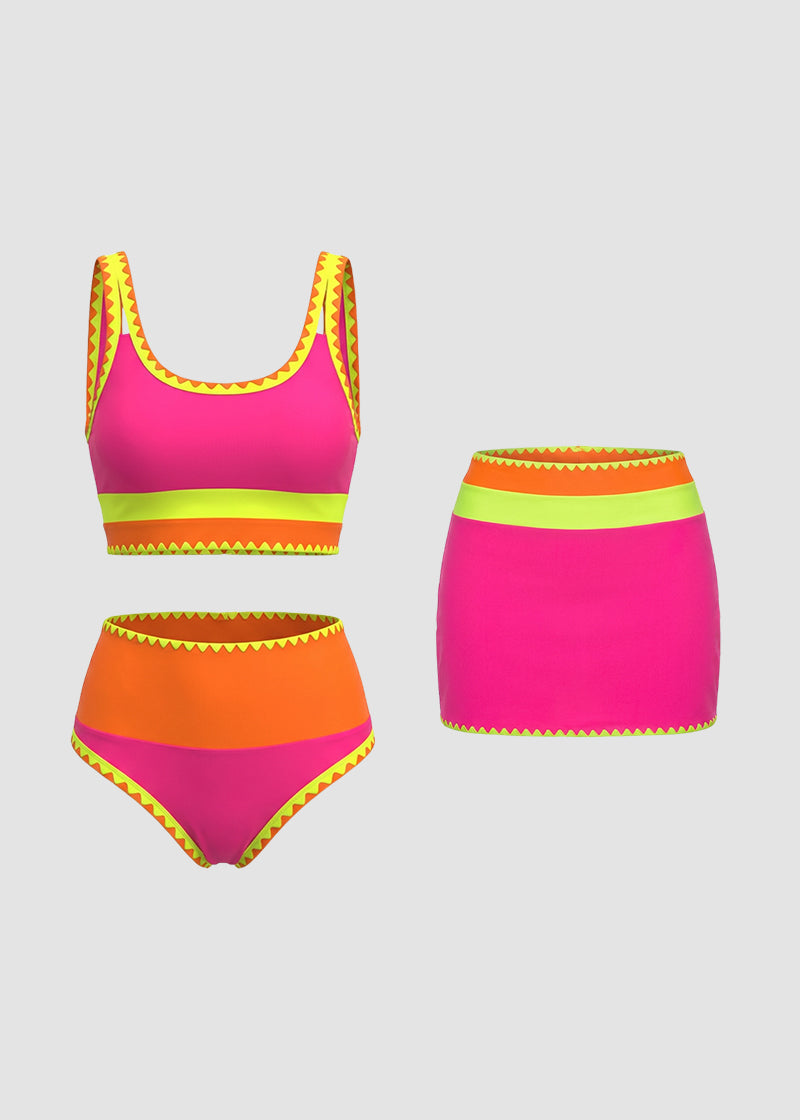 Sara - Set bikini sportivi a 3 pezzi a colori contrastanti