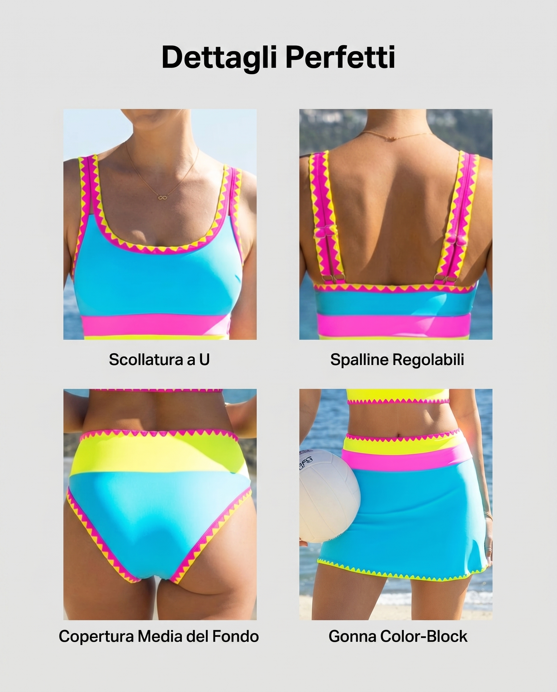 Sara - Set bikini sportivi a 3 pezzi a colori contrastanti
